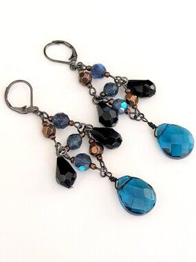 Blue, bronze and black glass beaded earrings